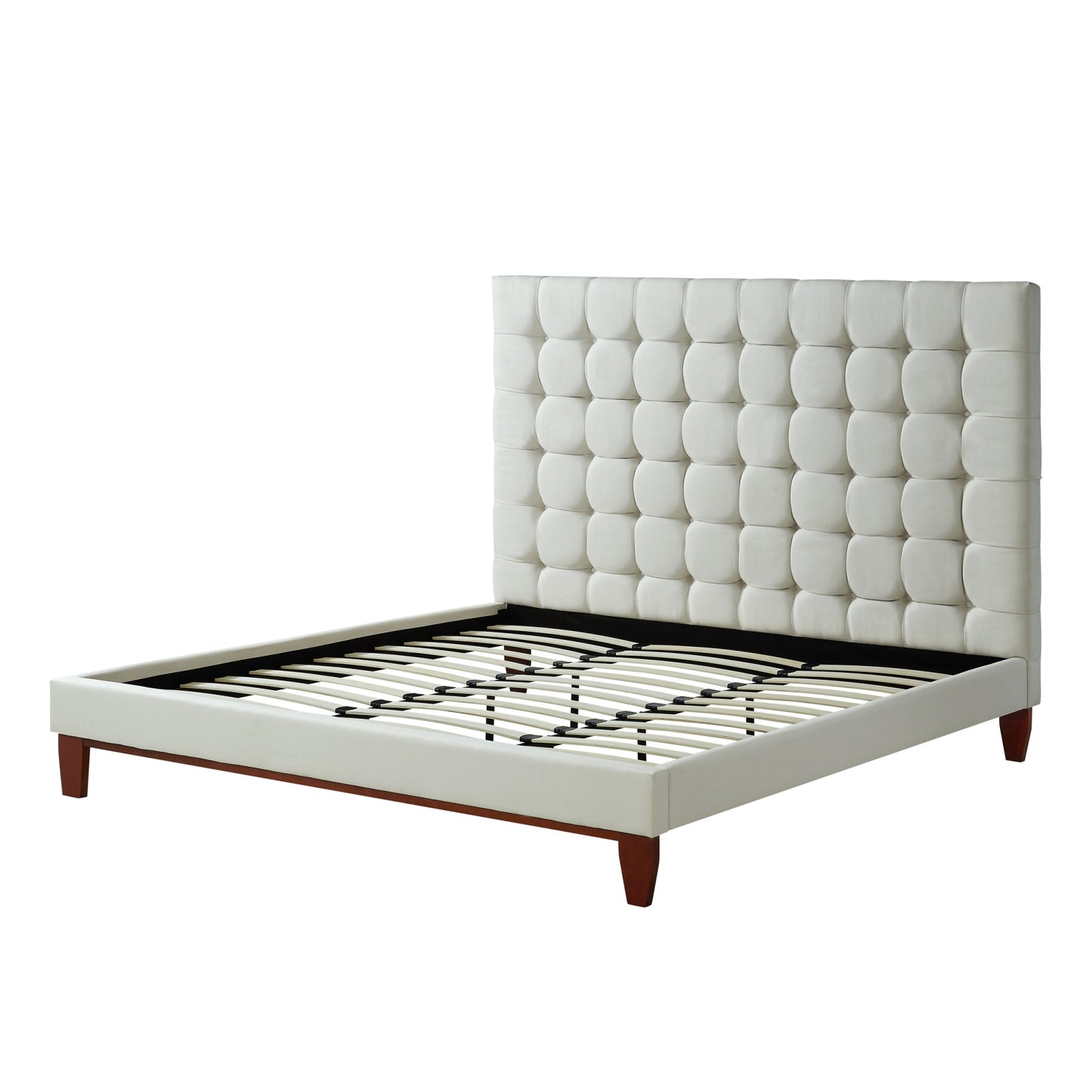 Beige Solid Wood King Tufted Upholstered Linen Bed