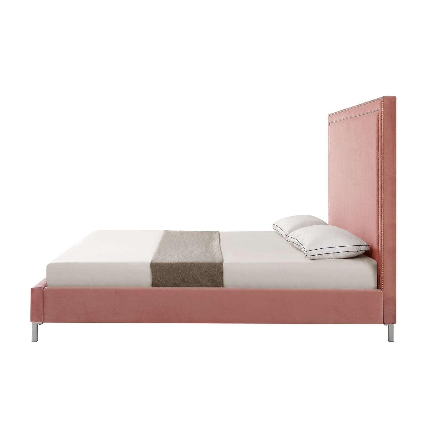 Blush Solid Wood Queen Upholstered Velvet Bed with Nailhead Trim