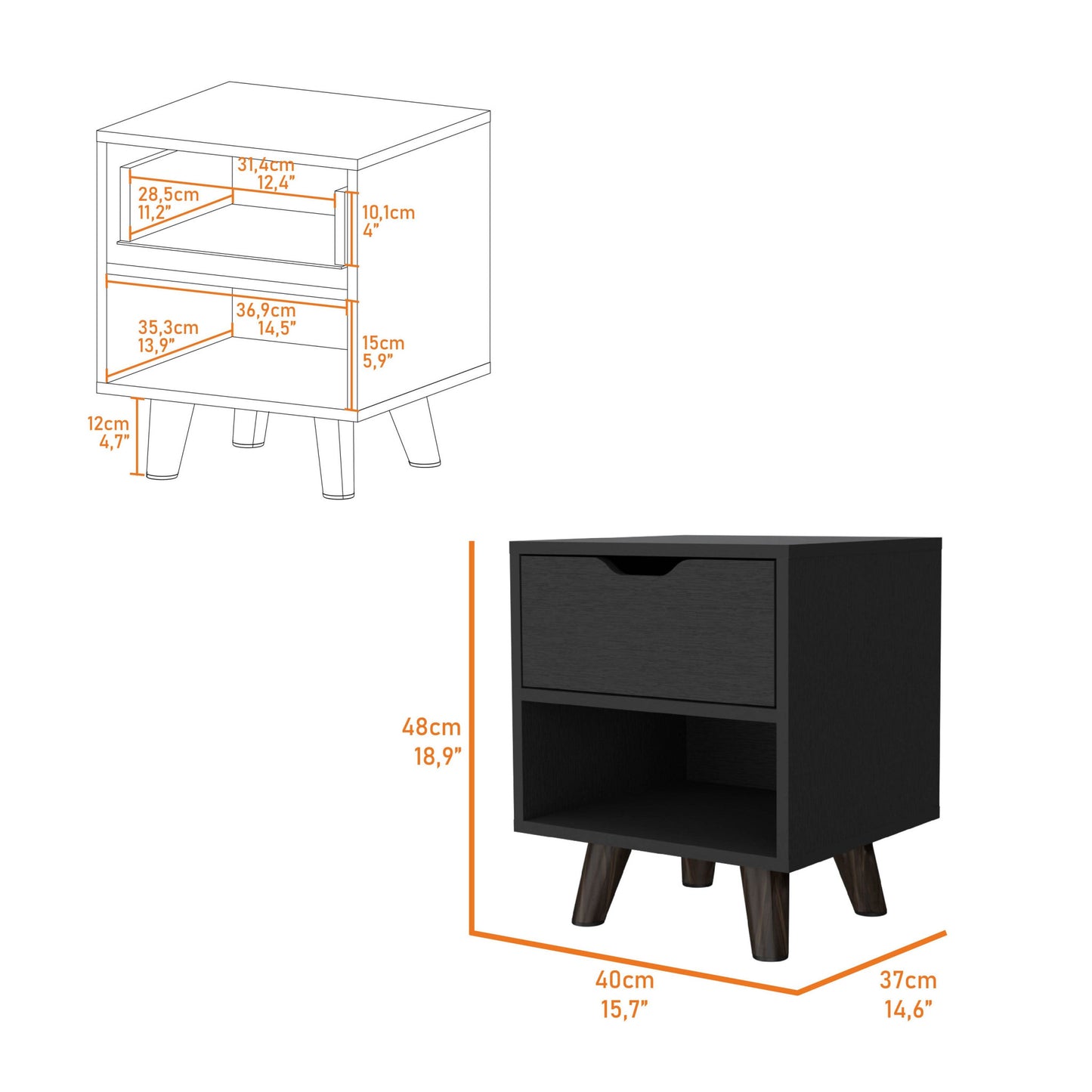 19" Black One Drawer Faux Wood Nightstand