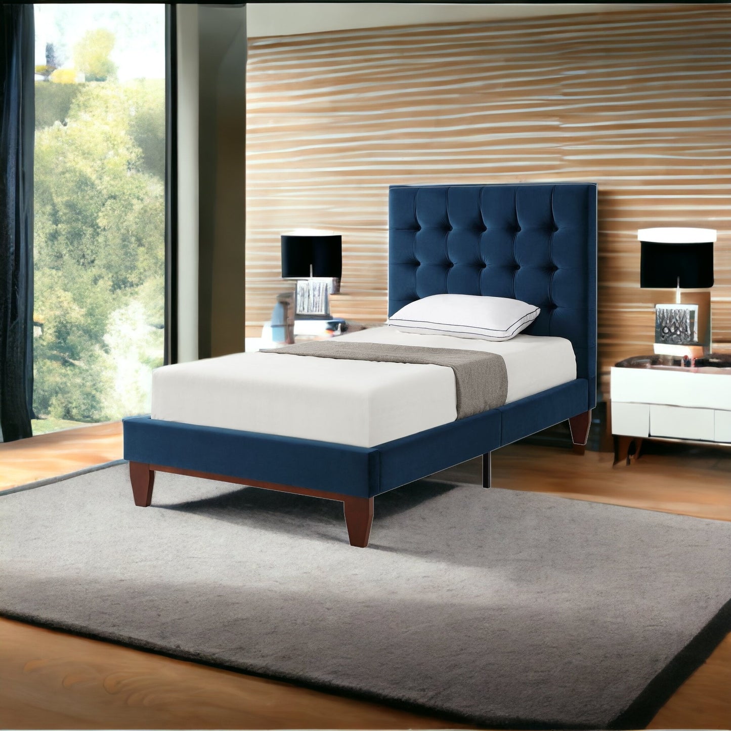 Navy Blue Solid Wood Twin Tufted Upholstered Velvet Bed