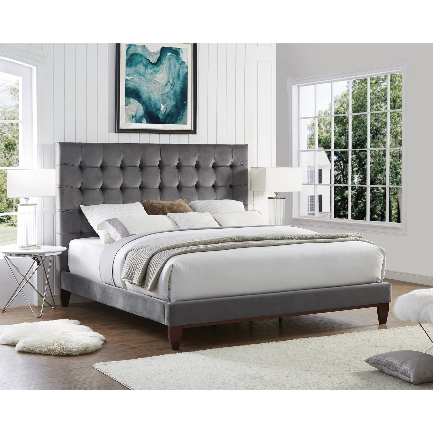 Gray Solid Wood Queen Tufted Upholstered Velvet Bed