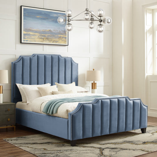 Sky Blue Solid Wood Queen Tufted Upholstered Velvet Bed with Nailhead Trim