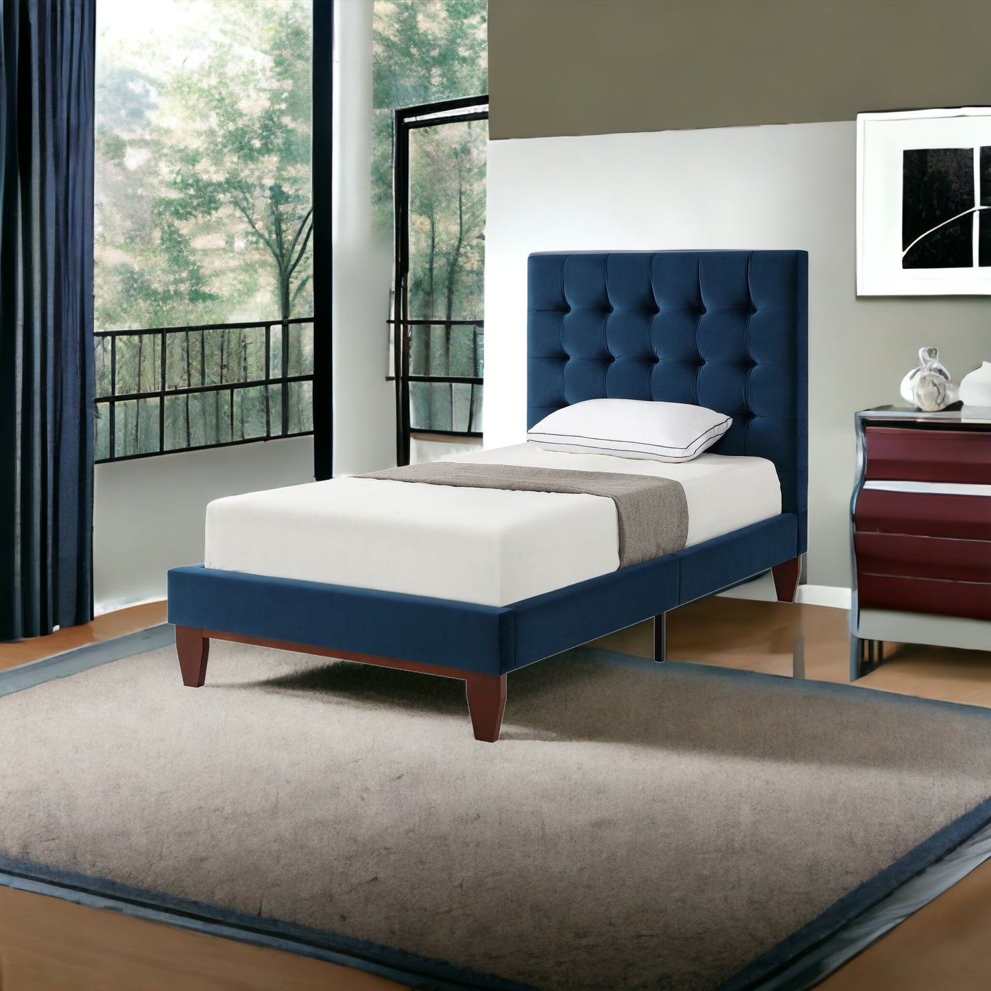 Navy Blue Solid Wood Full Tufted Upholstered Velvet Bed