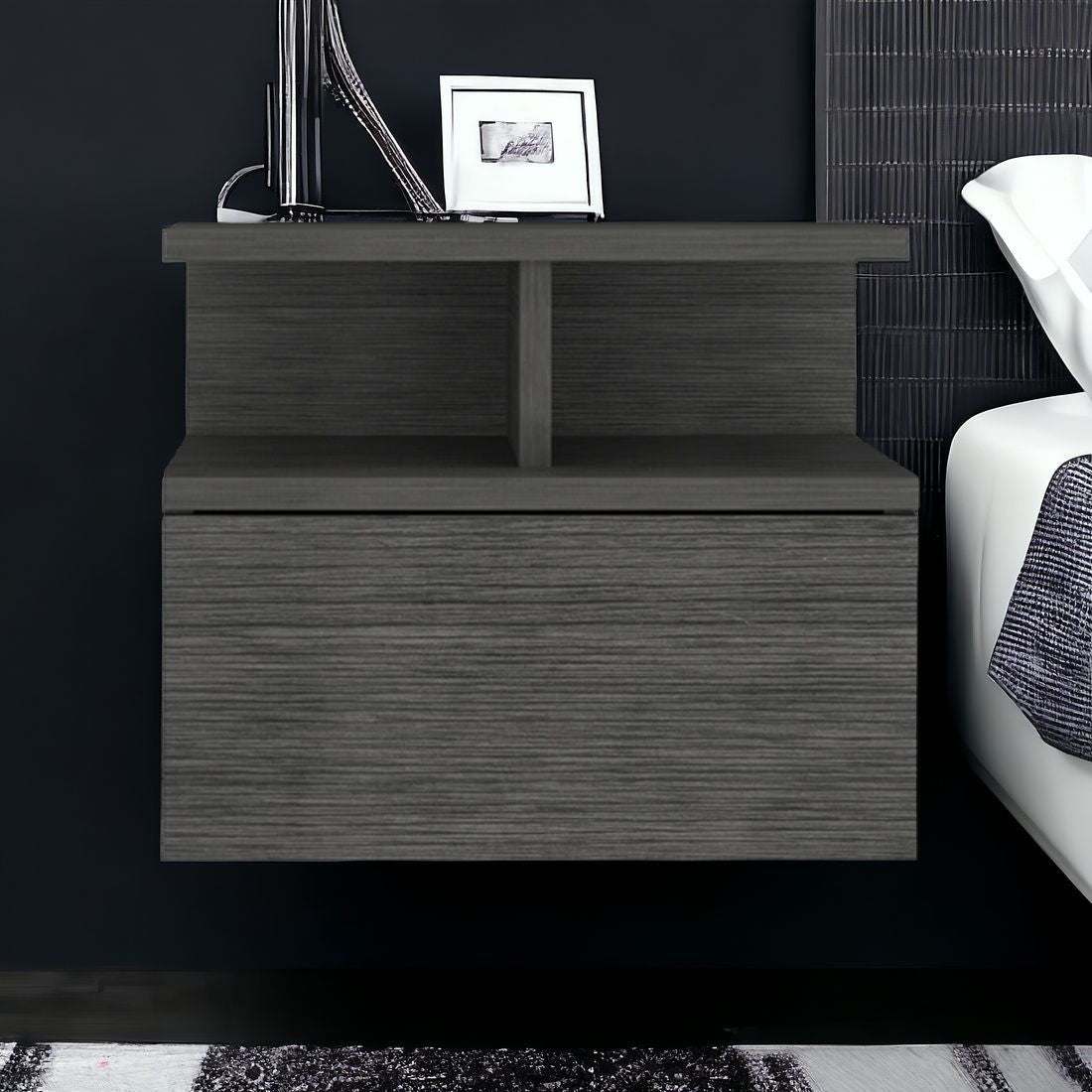 13" Dark Gray One Drawer Faux Wood Floating Nightstand