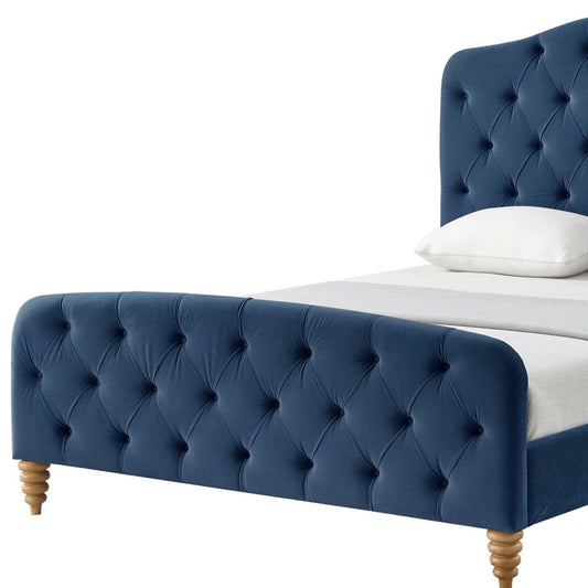 Navy Blue Solid Wood Twin Tufted Upholstered Velvet Bed