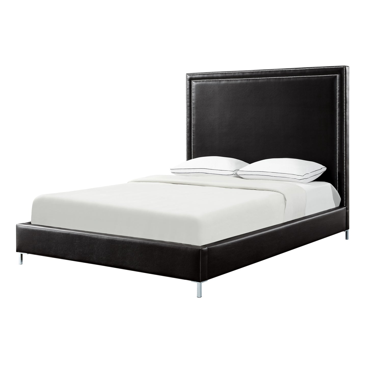 Black Solid Wood Queen Upholstered Faux Leather Bed with Nailhead Trim