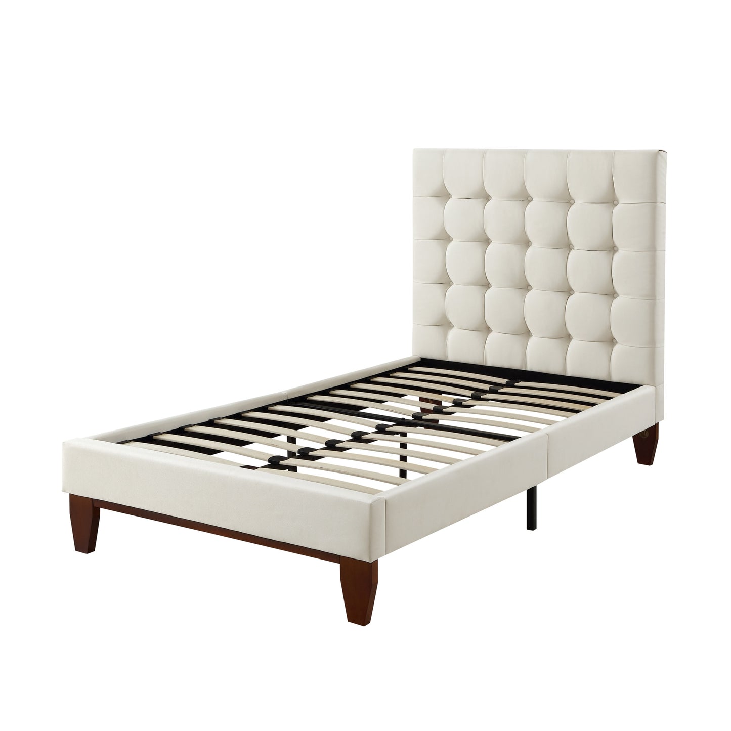 Beige Solid Wood Twin Tufted Upholstered Linen Bed