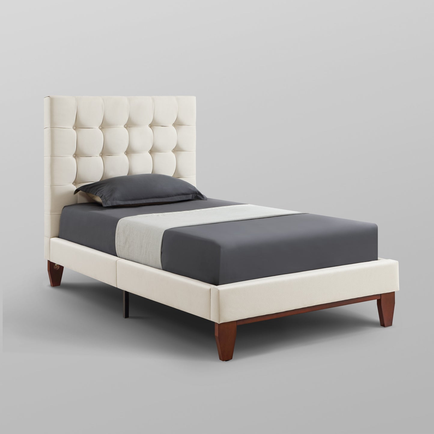 Beige Solid Wood Twin Tufted Upholstered Linen Bed