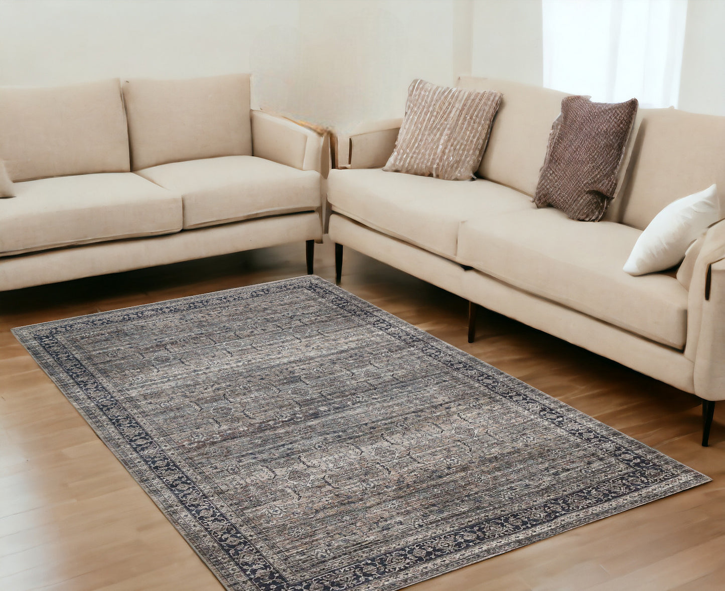 5' x 8' Brown and Blue Oriental Printed Distressed Area Rug