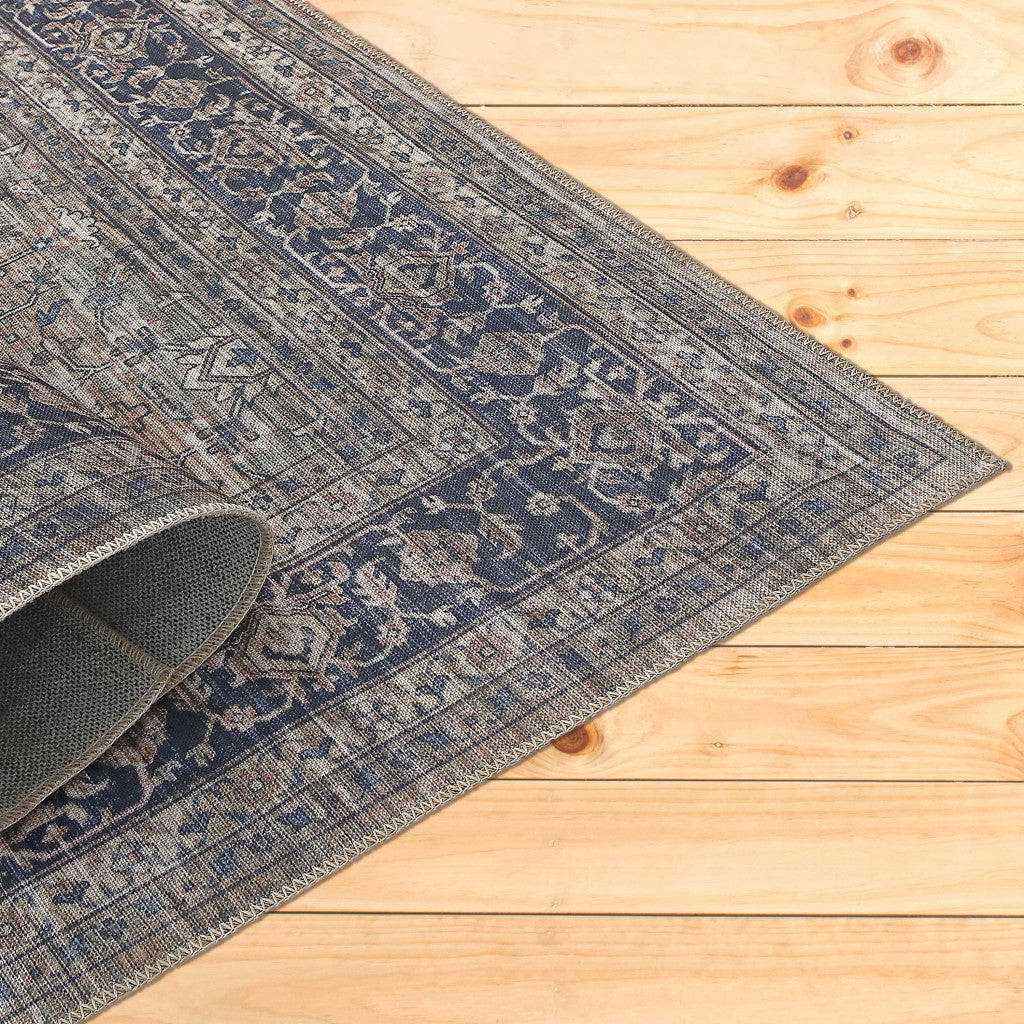 5' x 8' Brown and Blue Oriental Printed Distressed Area Rug