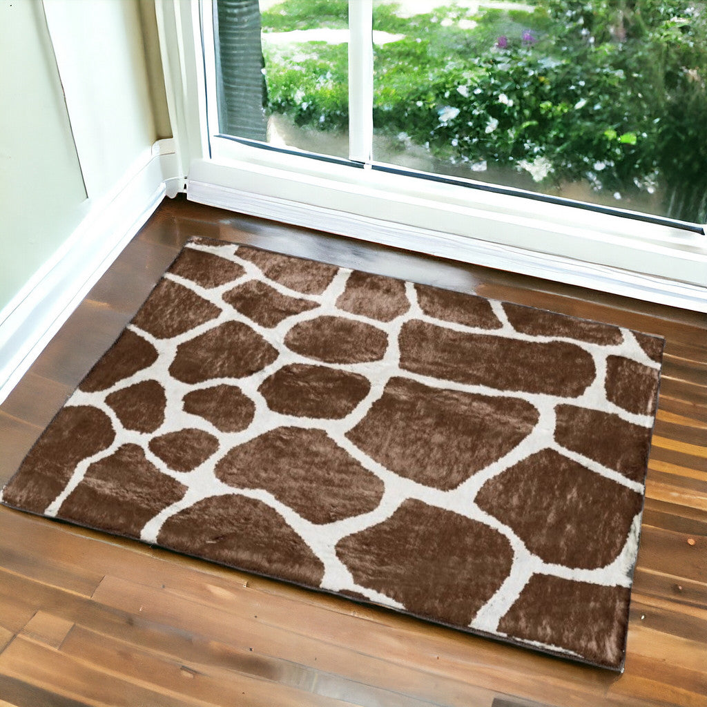 2' x 3' Brown and Ivory Animal Print Handmade Non Skid Area Rug