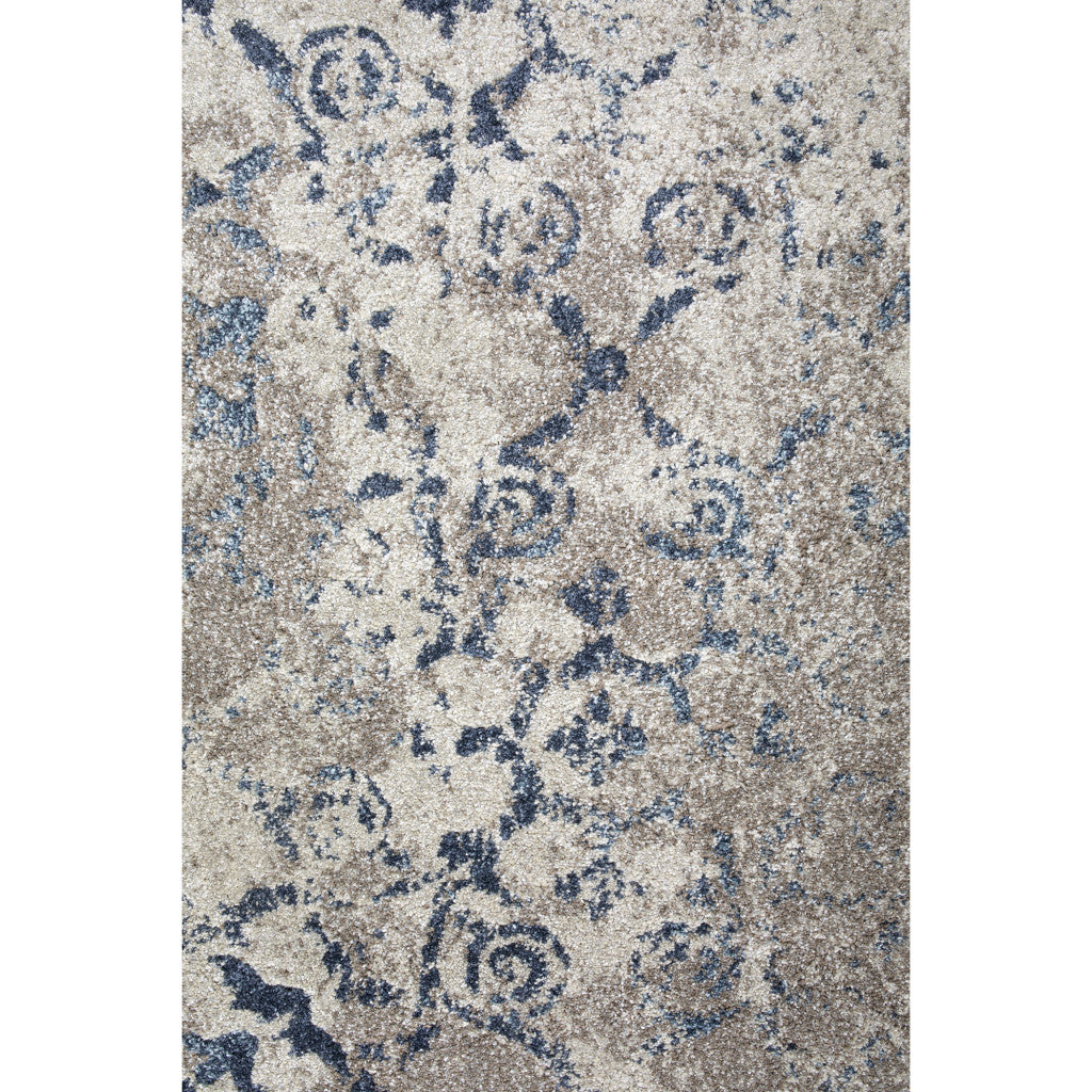 3' X 5' Blue and Ivory Oriental Distressed Area Rug