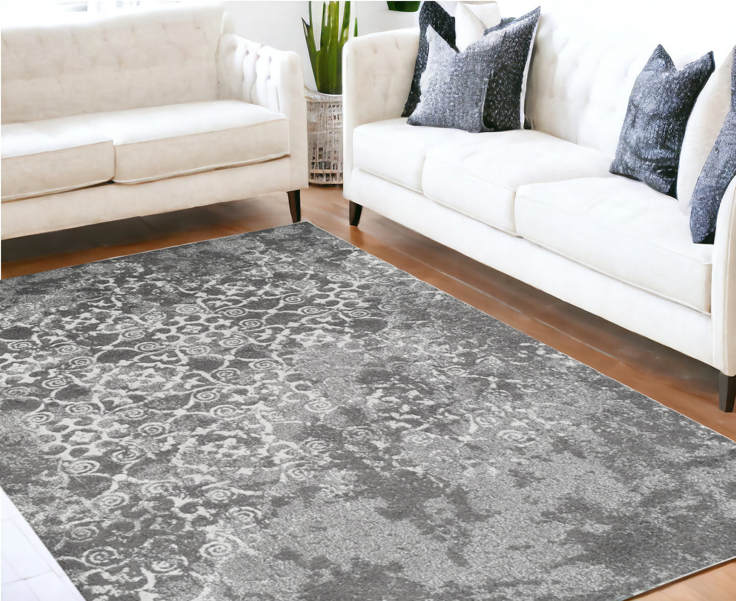 8' x 11' Gray and Ivory Oriental Distressed Area Rug