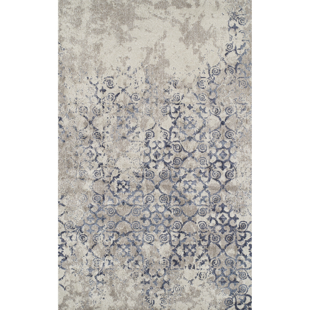 8' x 11' Blue and Ivory Oriental Distressed Area Rug