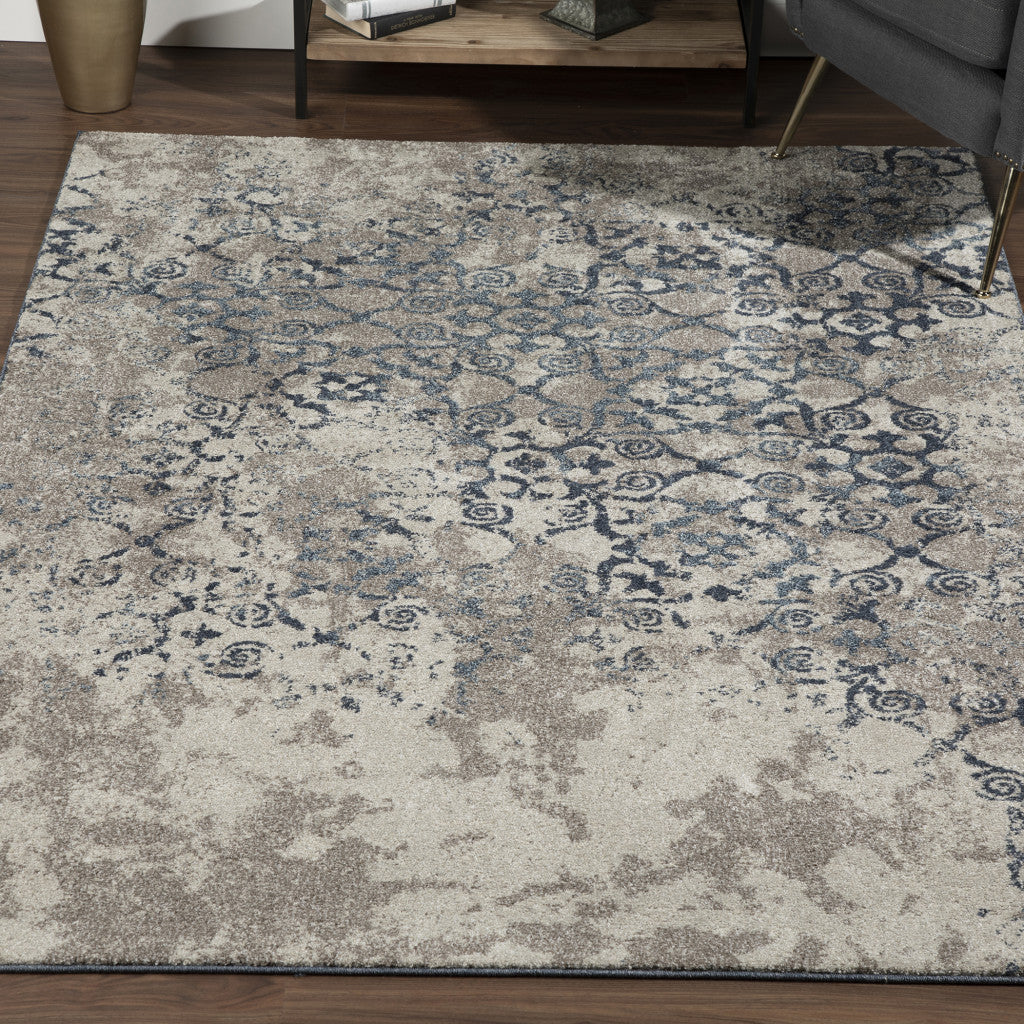 8' x 11' Blue and Ivory Oriental Distressed Area Rug