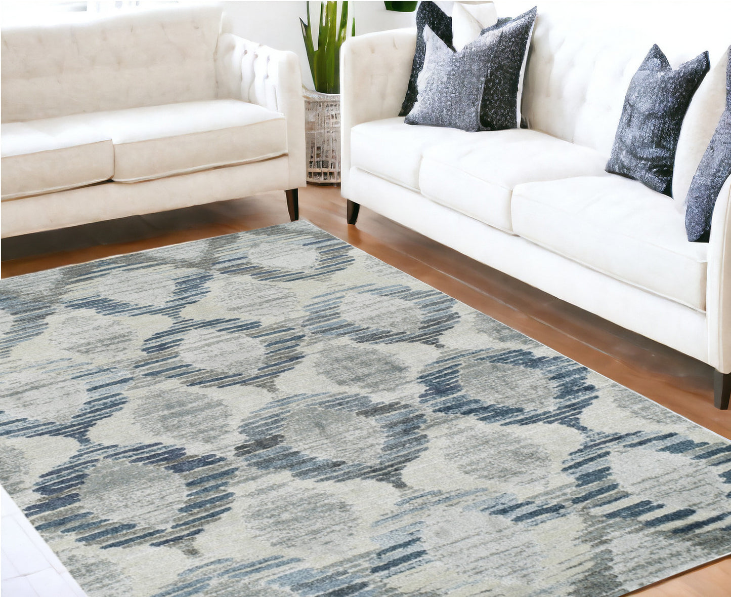 8' x 11' Blue and Ivory Geometric Area Rug