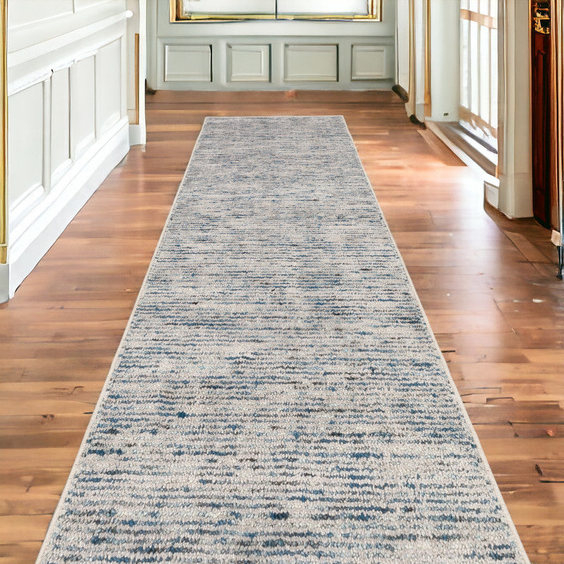 20' Blue and Ivory Wool Hand Loomed Runner Rug