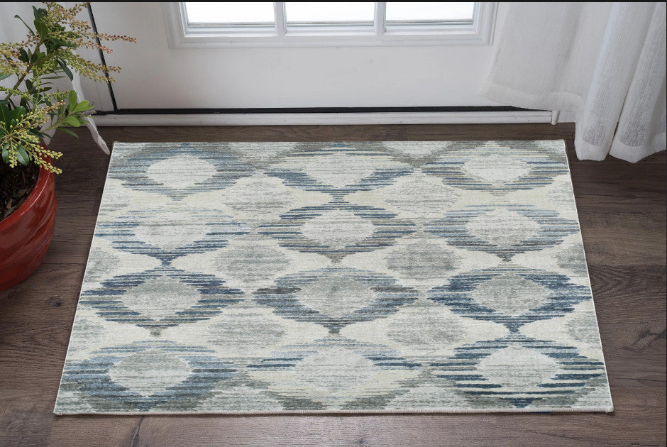 3' X 5' Blue and Ivory Geometric Area Rug