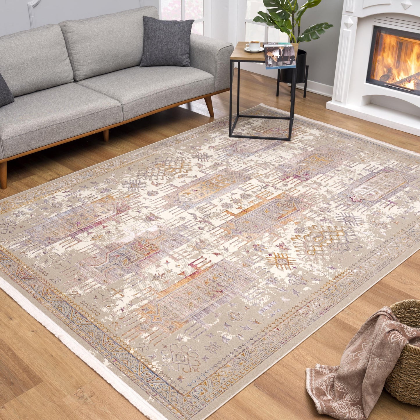 9' x 12' Beige and Ivory Oriental Power Loom Washable Non Skid Area Rug