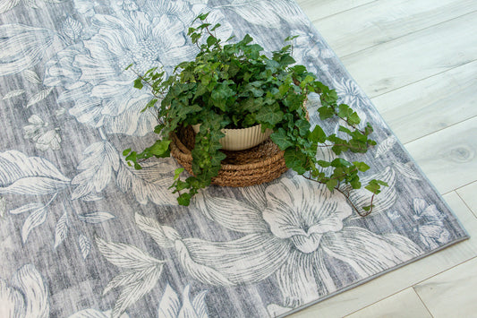 4' x 6' Gray and Beige Floral Area Rug