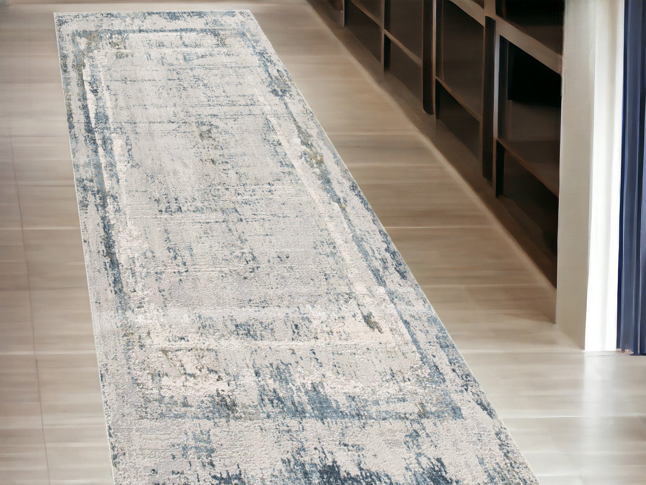 10' Blue and Gray Abstract Washable Non Skid Area Rug