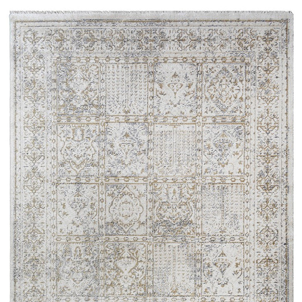 2' x 3' Ivory Oriental Distressed Area Rug With Fringe