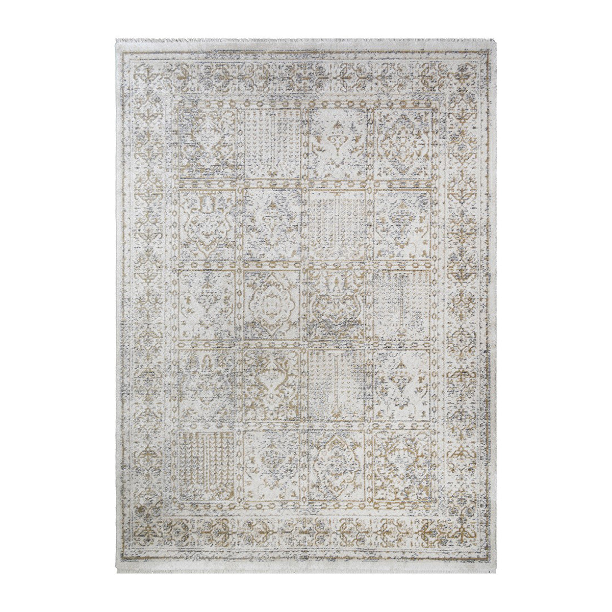 2' x 3' Ivory Oriental Distressed Area Rug With Fringe