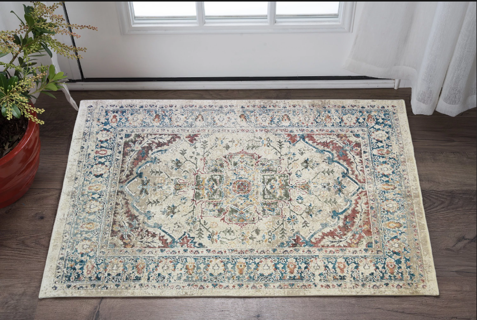 2' x 3' Ivory Blue and Gray Oriental Distressed Area Rug With Fringe