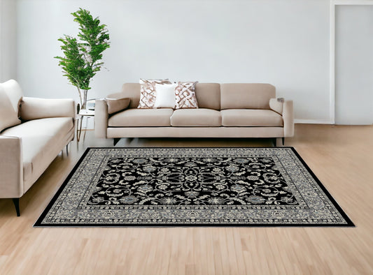 8' x 10' Black and Ivory Oriental Distressed Area Rug