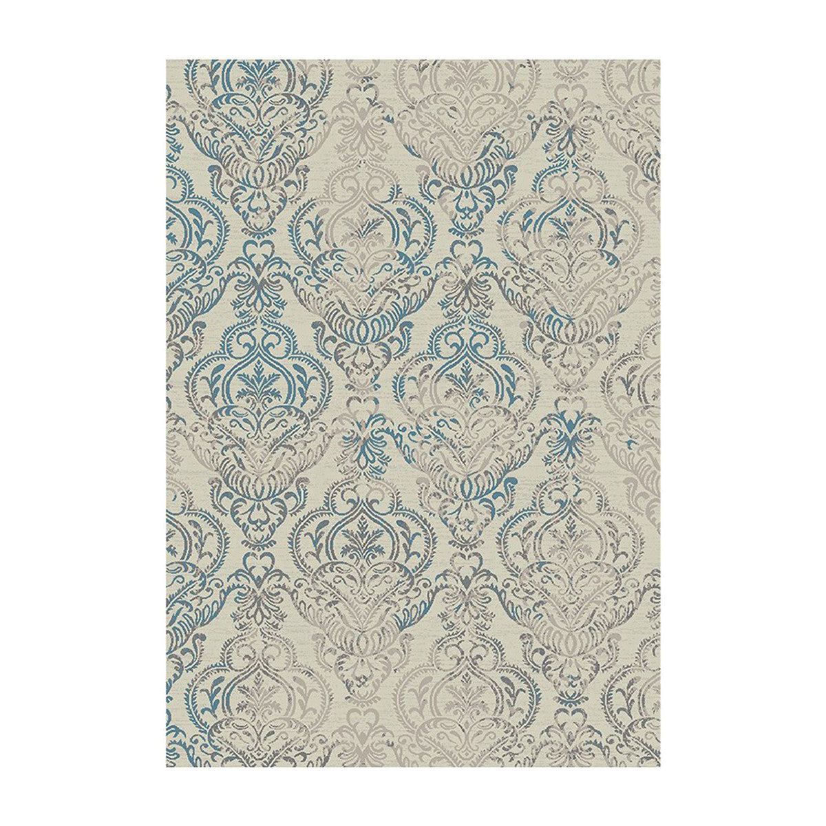 8' x 10' Ivory Blue and Gray Damask Distressed Area Rug