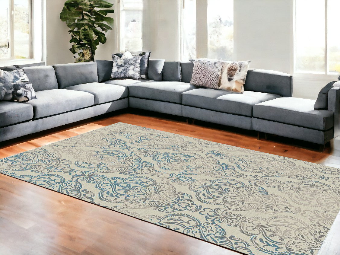 8' x 10' Ivory Blue and Gray Damask Distressed Area Rug