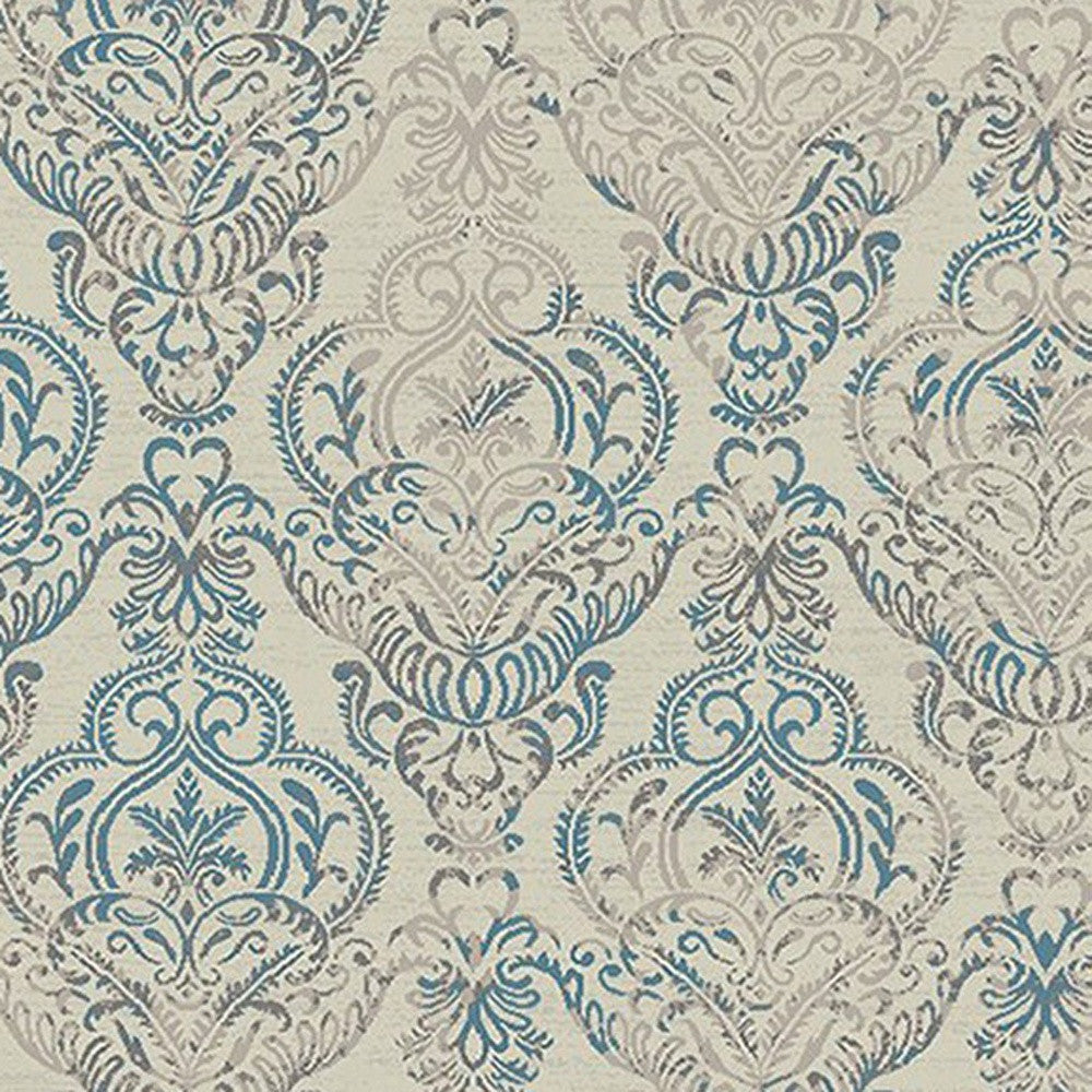 8' x 10' Ivory Blue and Gray Damask Distressed Area Rug