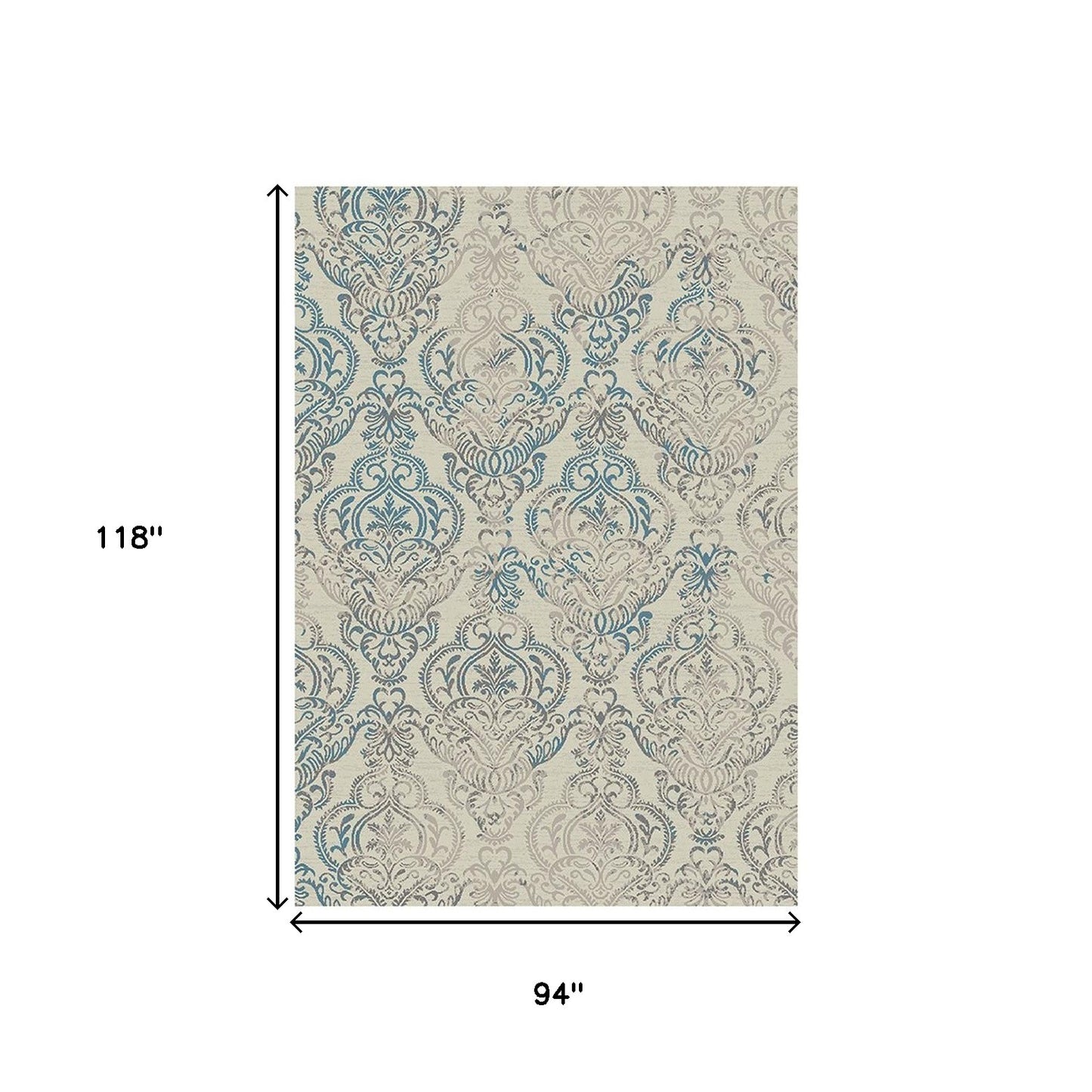 8' x 10' Ivory Blue and Gray Damask Distressed Area Rug