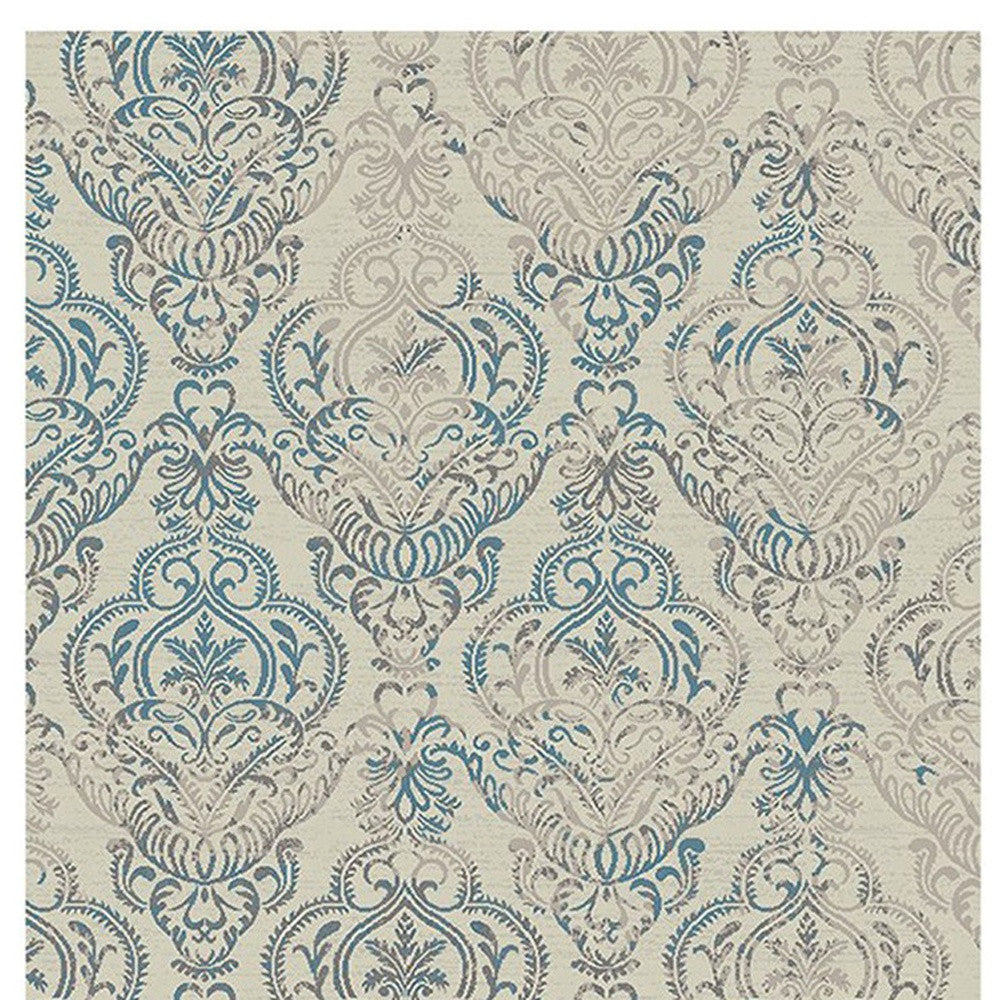 8' x 10' Ivory Blue and Gray Damask Distressed Area Rug