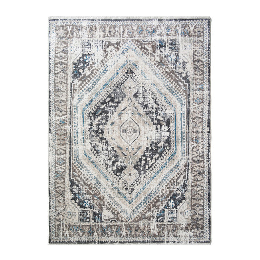 9' X 13' Gray Beige and Blue Geometric Distressed Area Rug With Fringe