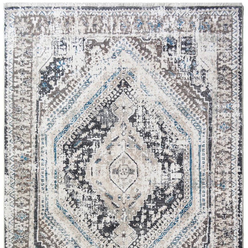 9' X 13' Gray Beige and Blue Geometric Distressed Area Rug With Fringe