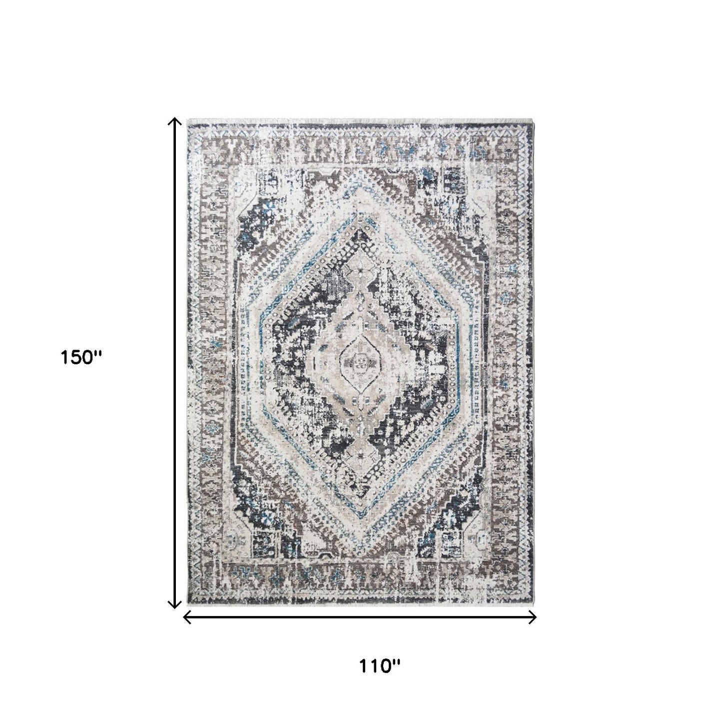 9' X 13' Gray Beige and Blue Geometric Distressed Area Rug With Fringe