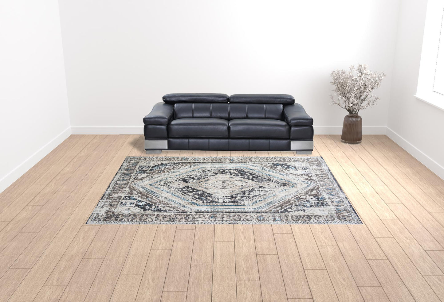 9' X 13' Gray Beige and Blue Geometric Distressed Area Rug With Fringe