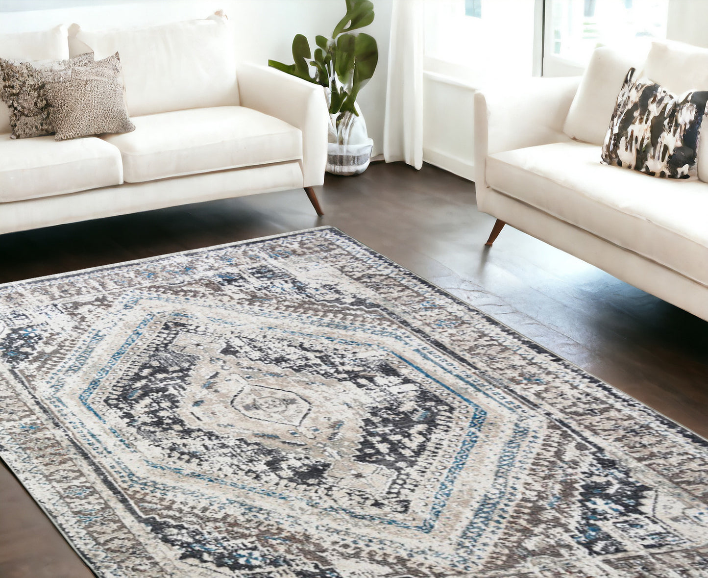 9' X 13' Gray Beige and Blue Geometric Distressed Area Rug With Fringe