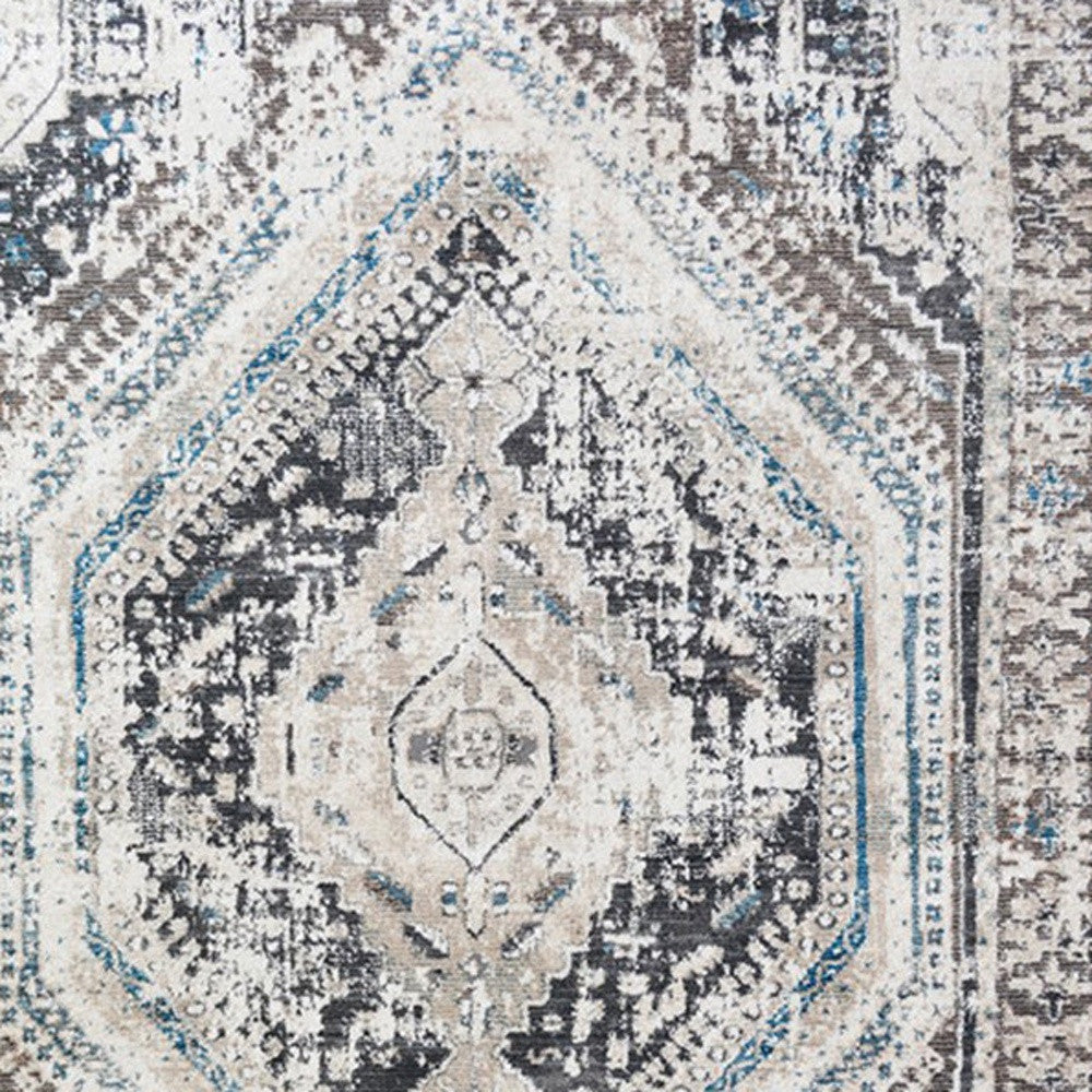 8' x 10' Gray Beige and Blue Geometric Distressed Area Rug With Fringe