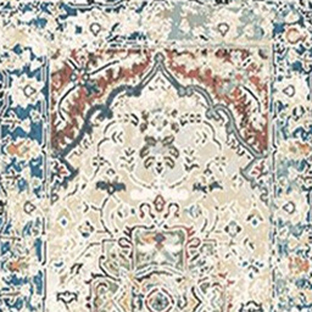 8' Ivory Blue and Gray Oriental Distressed Runner Rug With Fringe