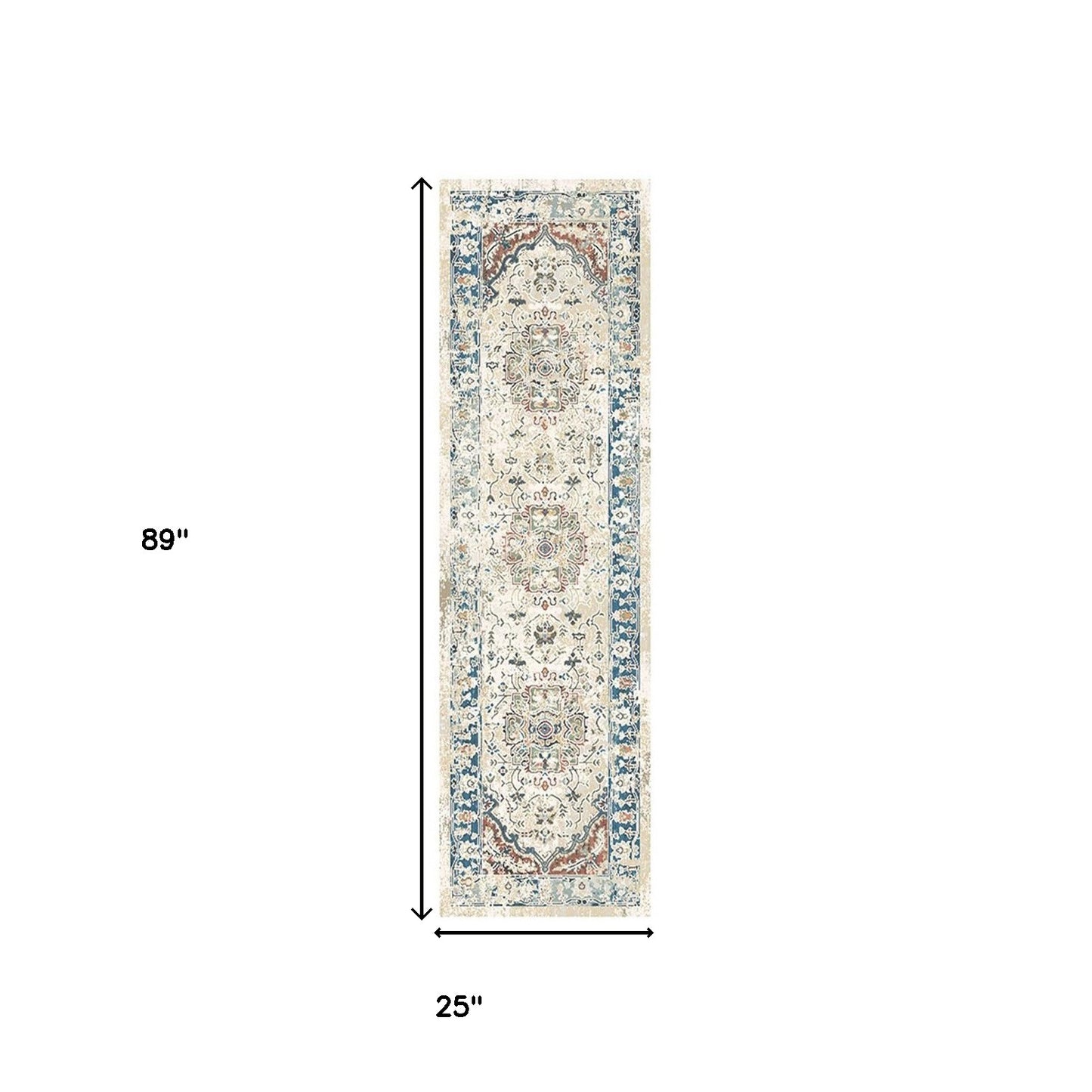 8' Ivory Blue and Gray Oriental Distressed Runner Rug With Fringe