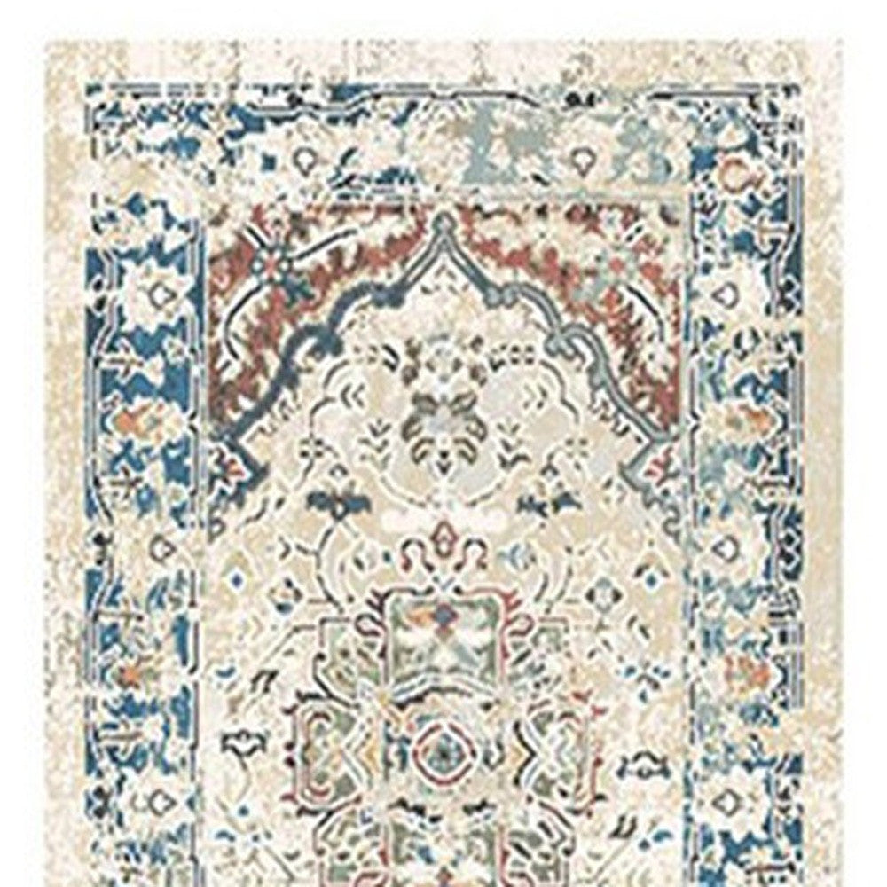 8' Ivory Blue and Gray Oriental Distressed Runner Rug With Fringe