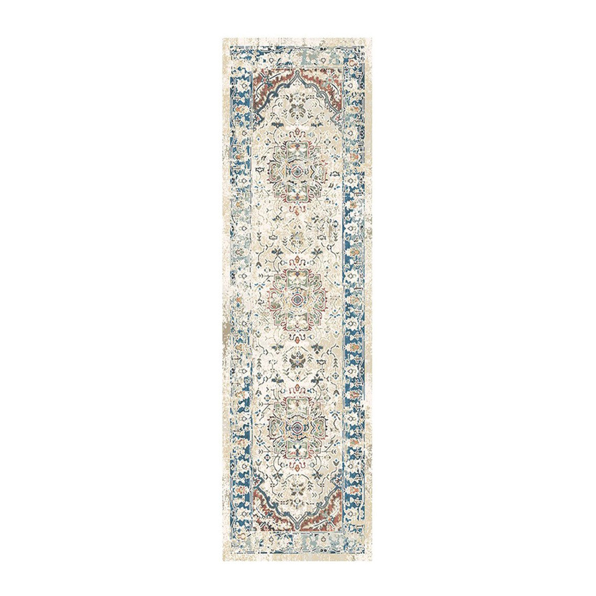 8' Ivory Blue and Gray Oriental Distressed Runner Rug With Fringe