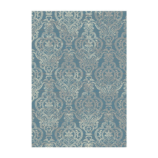 8' x 10' Blue and Beige Damask Distressed Area Rug