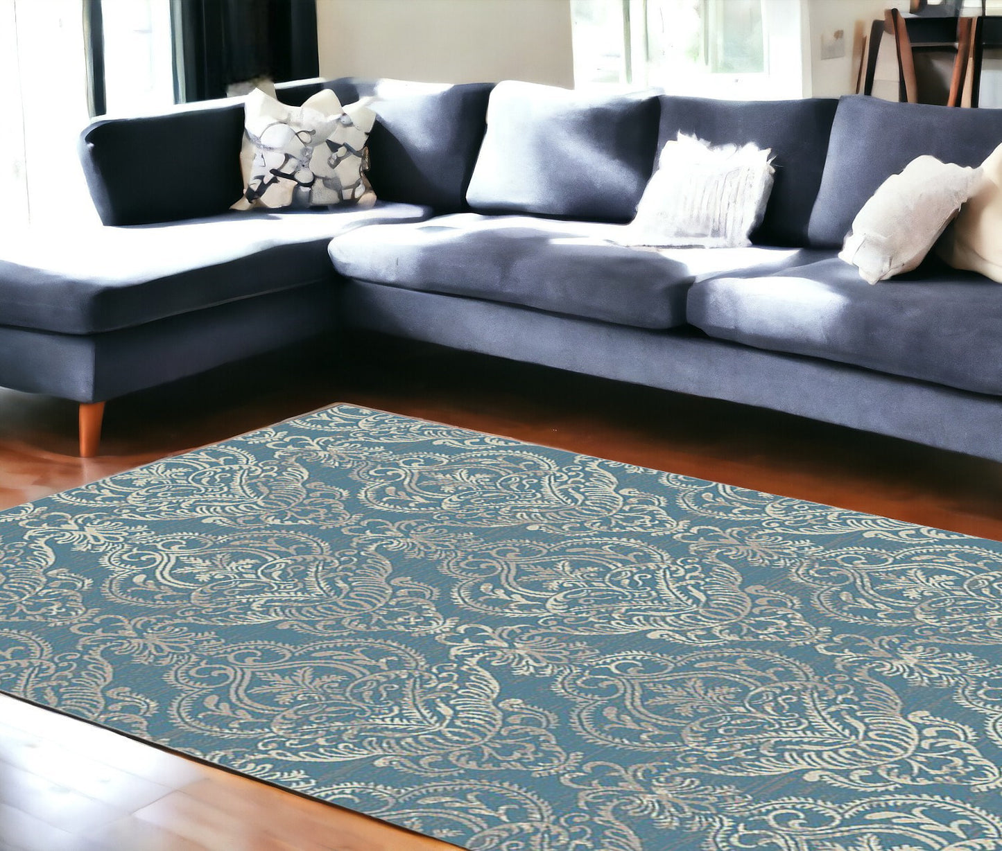 8' x 10' Blue and Beige Damask Distressed Area Rug