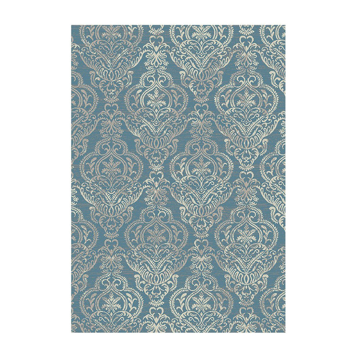 8' x 10' Blue and Beige Damask Distressed Area Rug