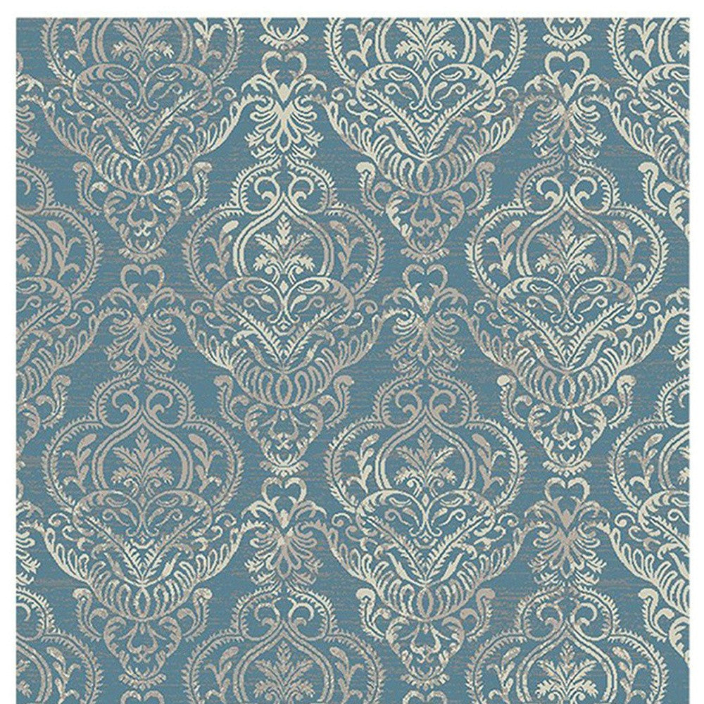 8' x 10' Blue and Beige Damask Distressed Area Rug