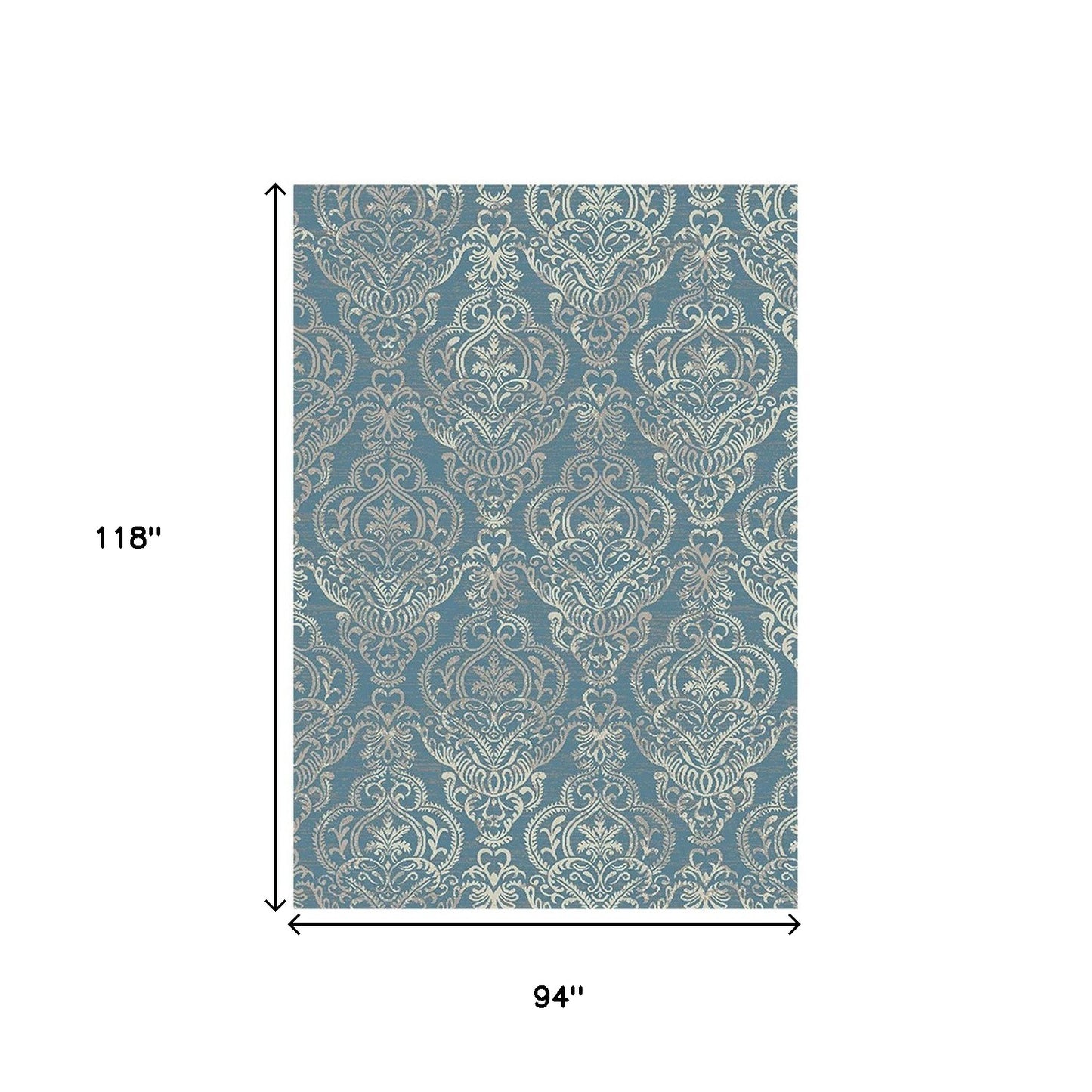 8' x 10' Blue and Beige Damask Distressed Area Rug