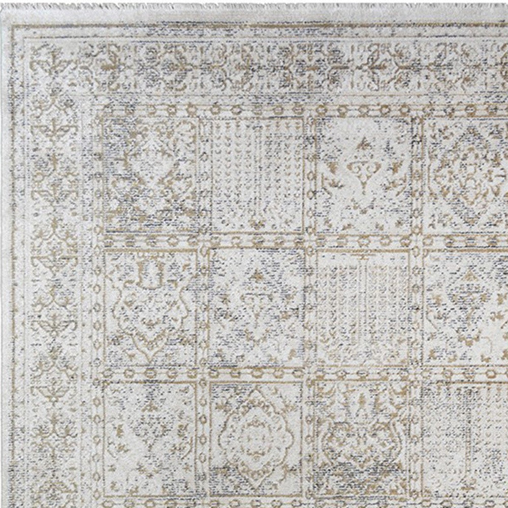 8' x 10' Ivory Oriental Distressed Area Rug With Fringe